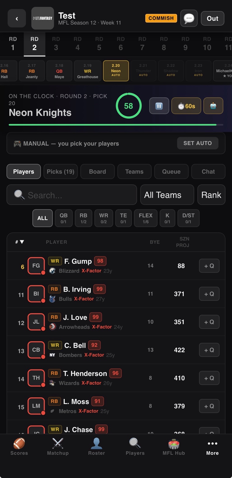 MFL Fantasy draft room with live pick board, timer, and player list