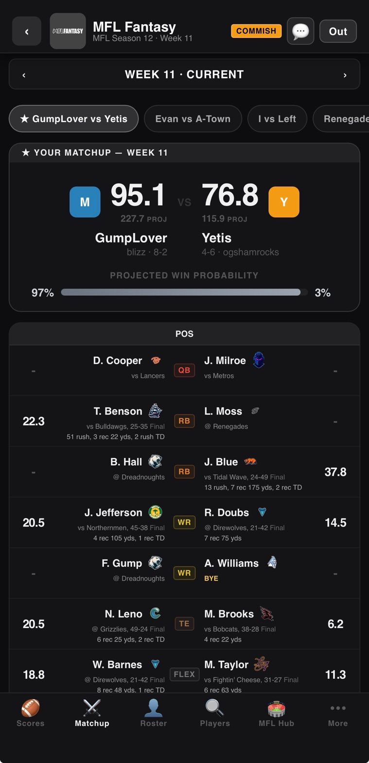 Head to head matchup view with live scoring