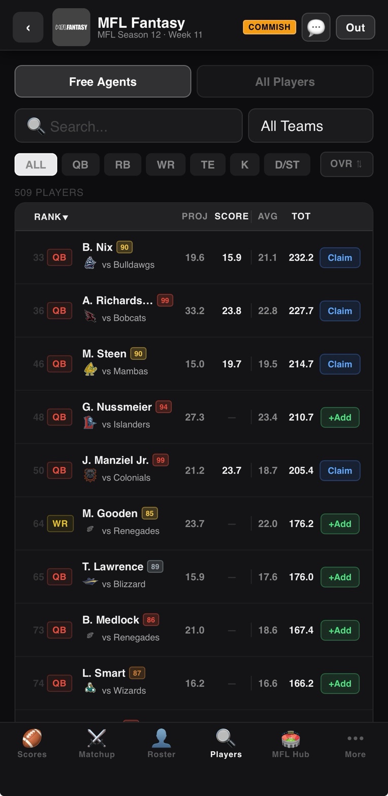Player browser with waiver and free agent filters