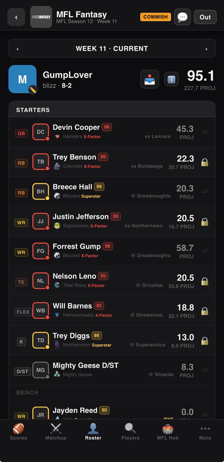 MFL Fantasy roster management with starter and bench slots