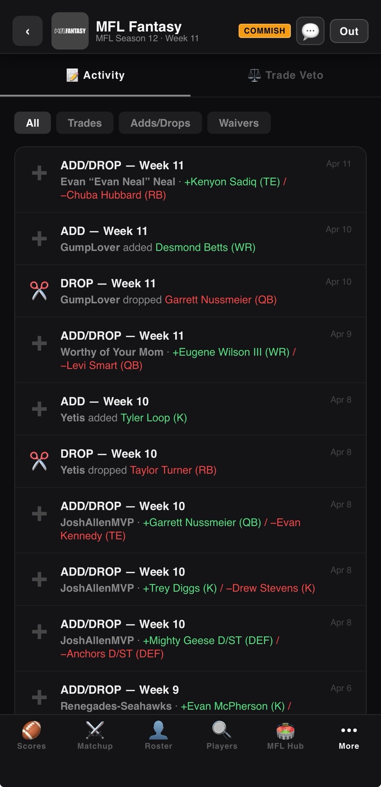 League transactions log with every add, drop, trade, and waiver